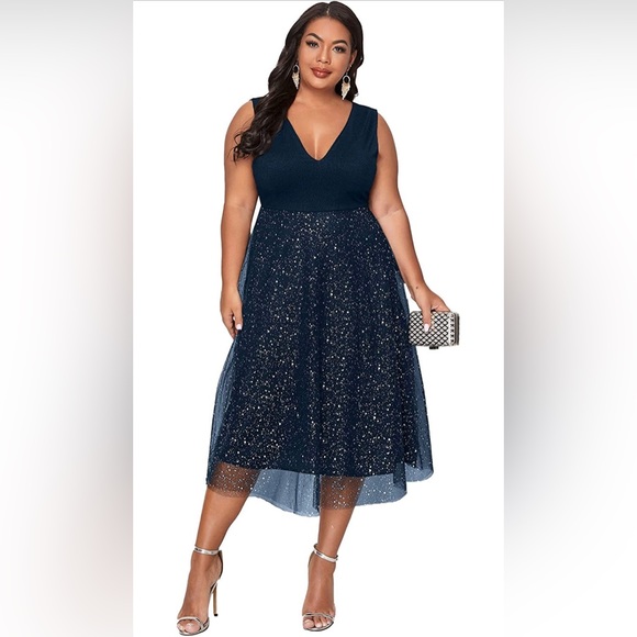 Floerns Women's Plus Size V Neck Sleeveless Contrast Mesh Evening Midi dress 👗 - Picture 1 of 8